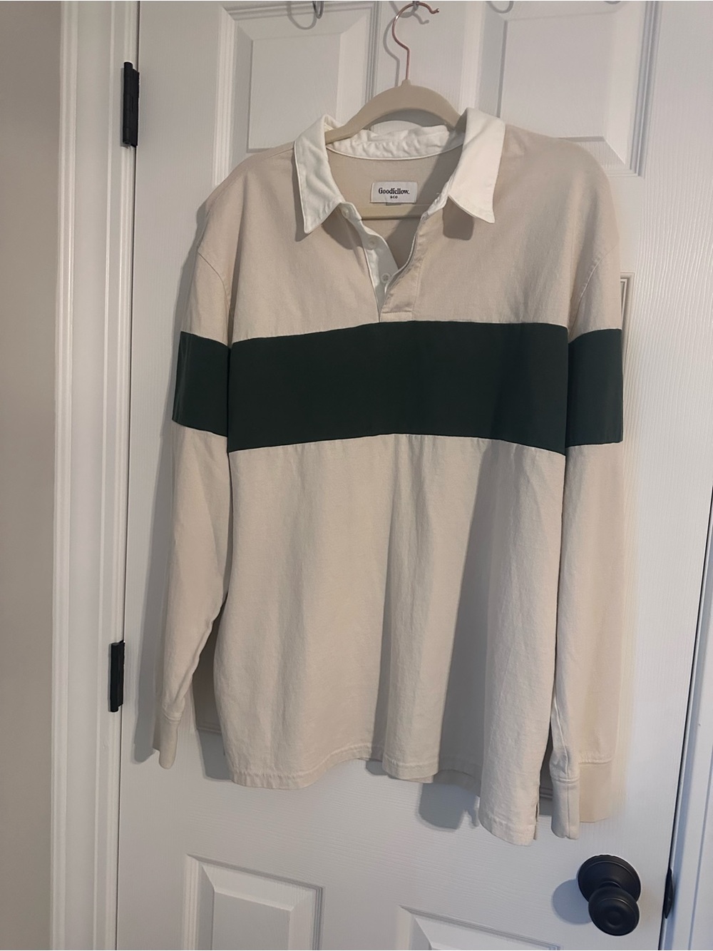 Goodfellow & Co Men’s Cream Rugby Shirt with Green Stripe Size Large
